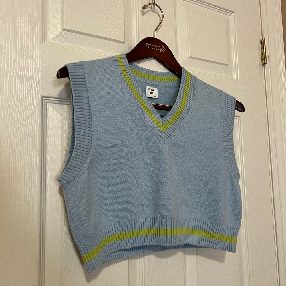 Aritzia Sunday Best Merino Wool Cotton Blue Green Knit Cropped Sweater Vest Sz S - Picture 5 of 12